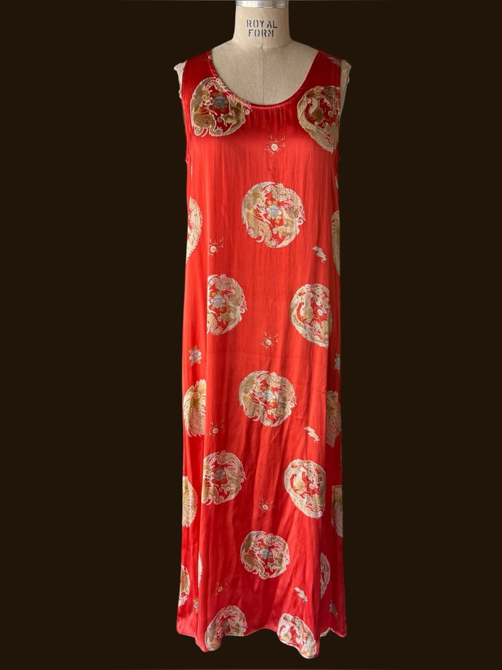 Vintage 90s Citron Santa Monica Red Silk Asian Phoenix Motif Style Maxi Dress